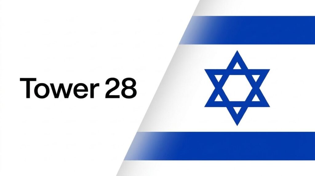 Tower 28 logo alongside an Israeli flag in graphic layout.