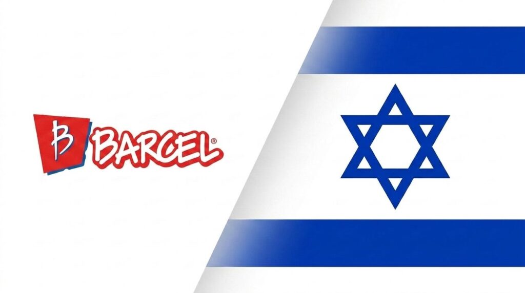 Barcel logo combined with the Israeli flag in a graphic layout.