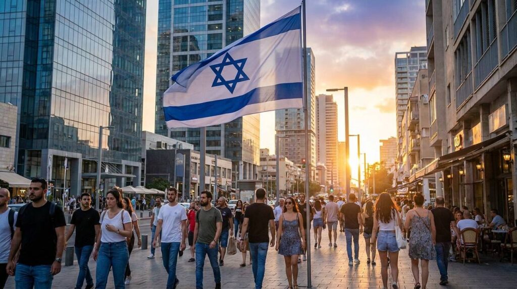 Israeli flag waving with modern Tel Aviv and diverse pedestrians.