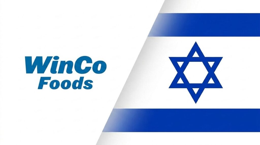 WinCo Foods logo combined with the Israeli flag in background.