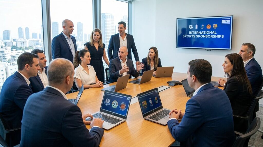 Israeli business professionals discuss sports sponsorships in modern conference room.