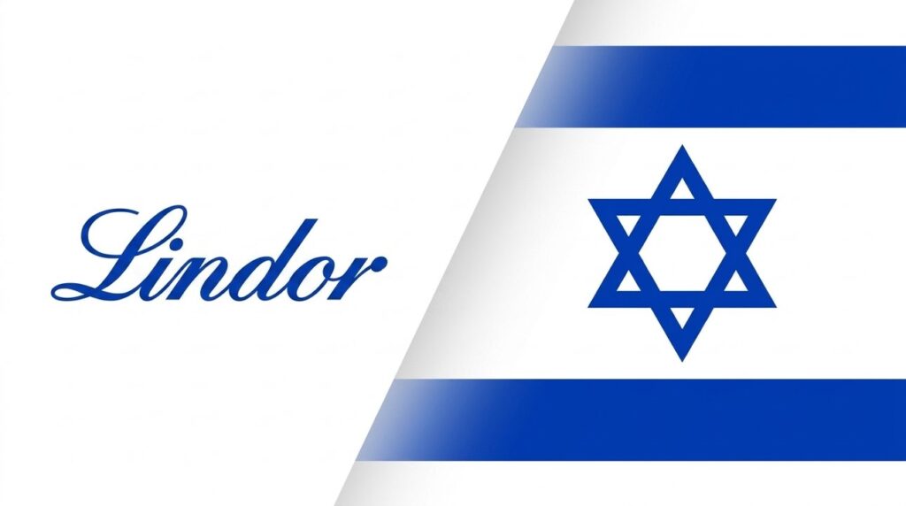 Lindor chocolates arranged next to an Israeli flag.