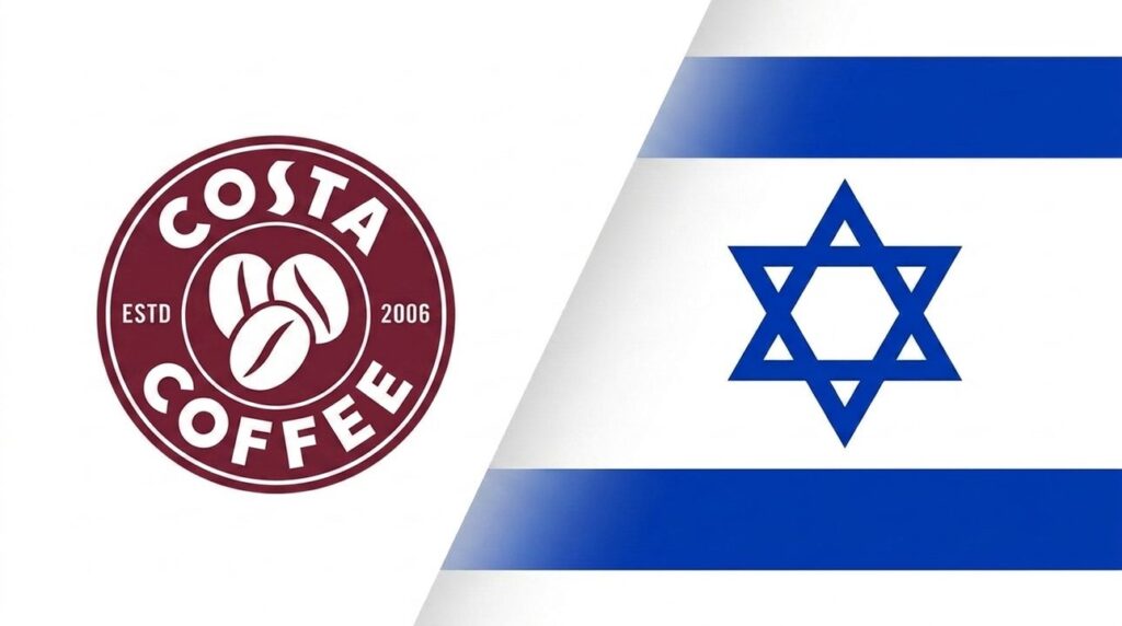 Costa Coffee logo merged with the Israeli flag in background.