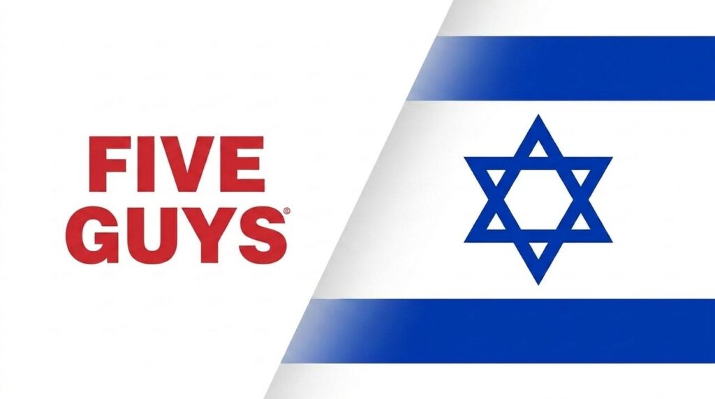 Five Guys logo combined with the Israeli flag in background.