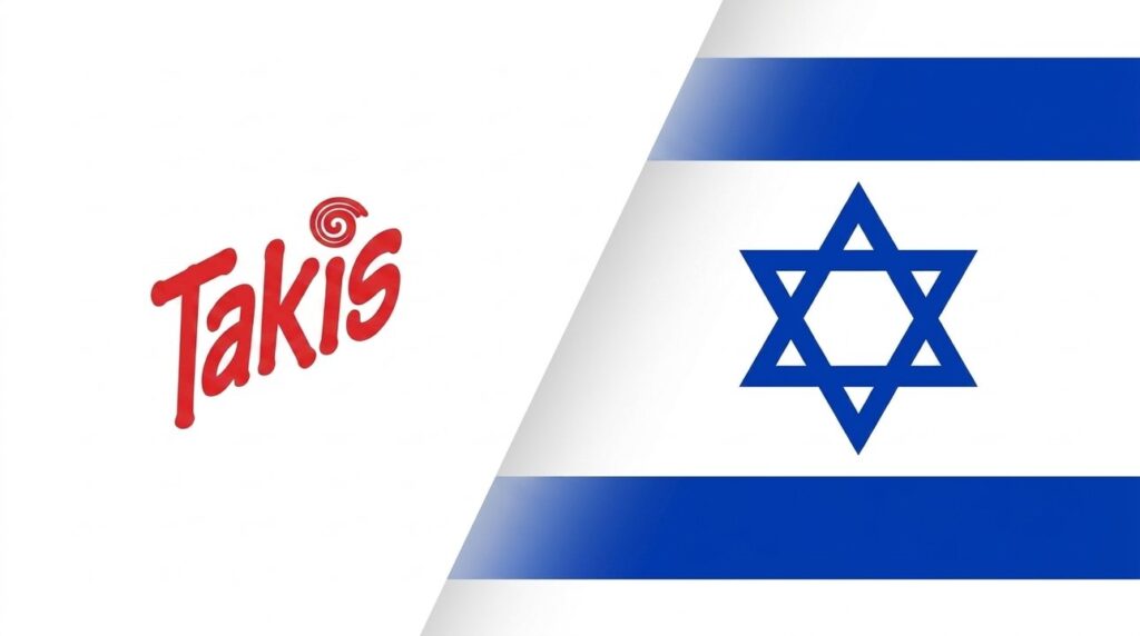 Takis logo with an Israeli flag in the background.