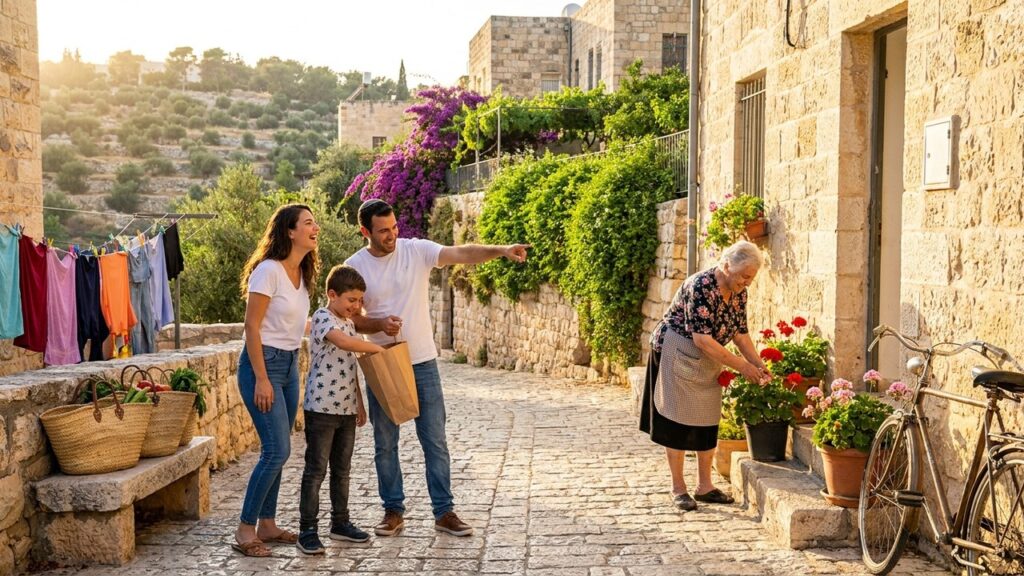 Warm golden-hour view of an inviting Israeli landscape with visitors, vibrant natural colors