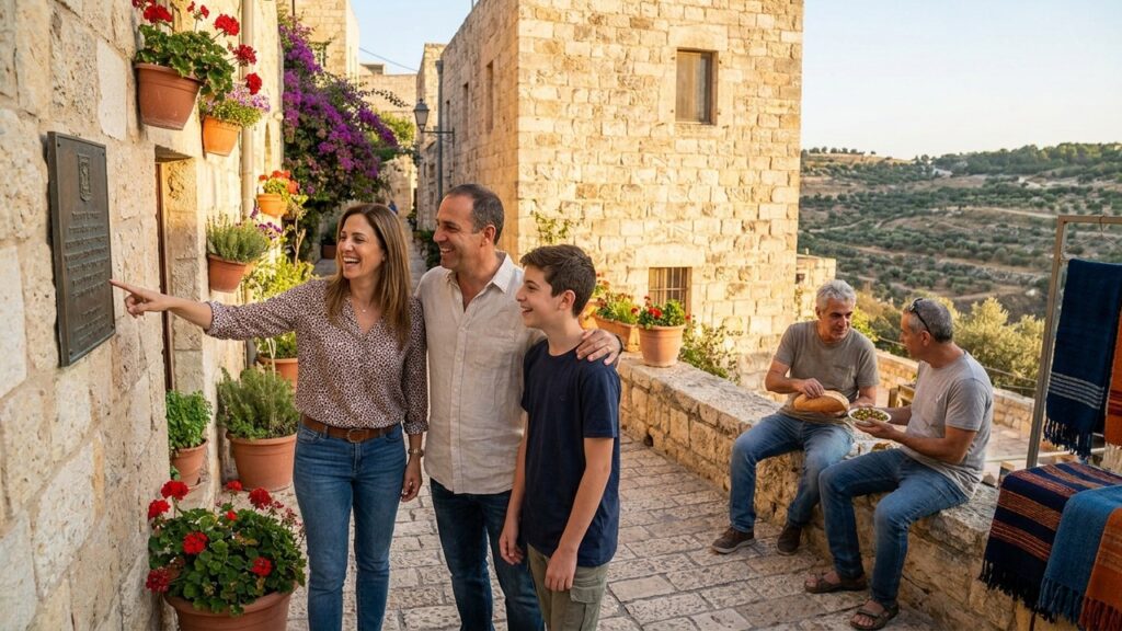 Warm golden-hour view of an inviting Israeli landscape with visitors, vibrant natural colors