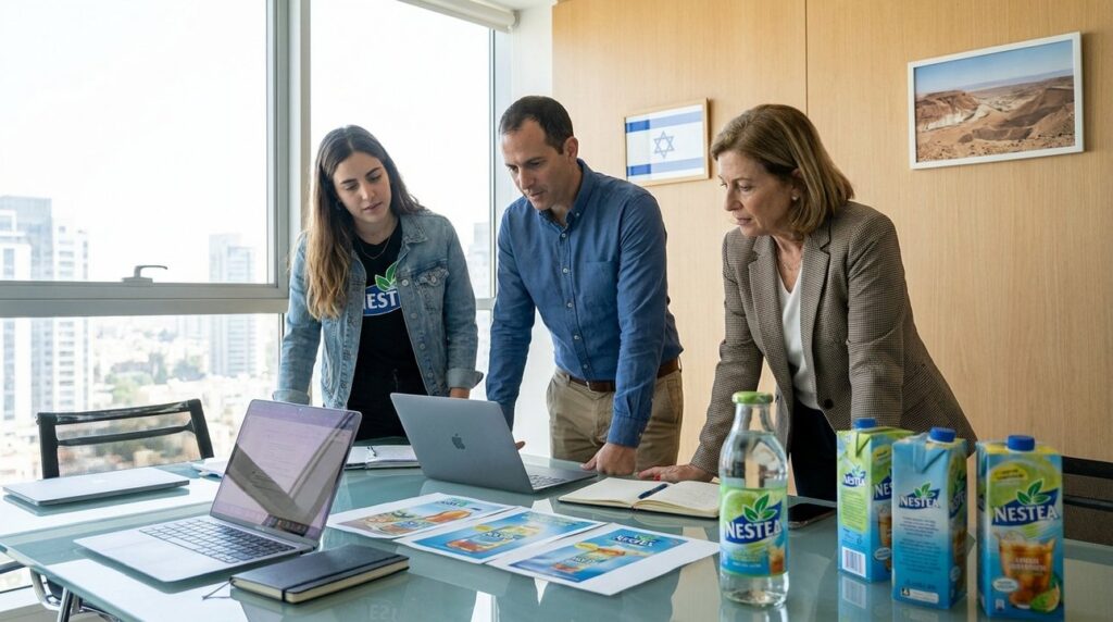 Diverse Israelis discuss Nestea branding; bottle with label on table.