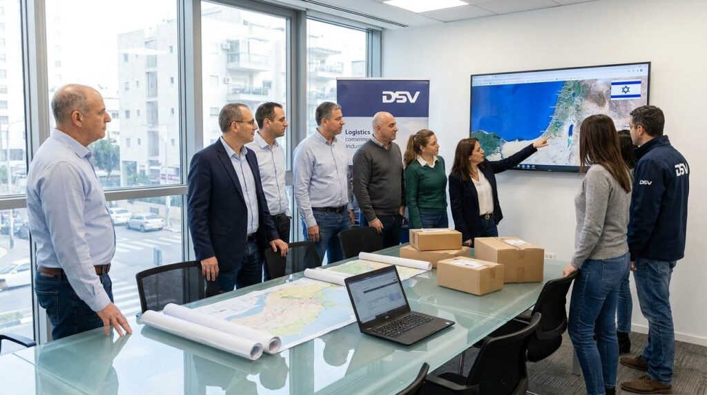 Diverse employees around table with plan; monitor shows Israel map.