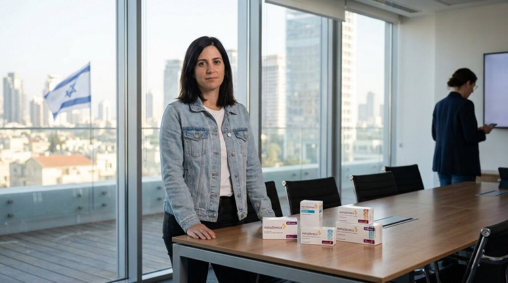 Israeli woman in denim jacket beside AstraZeneca packaging on table.