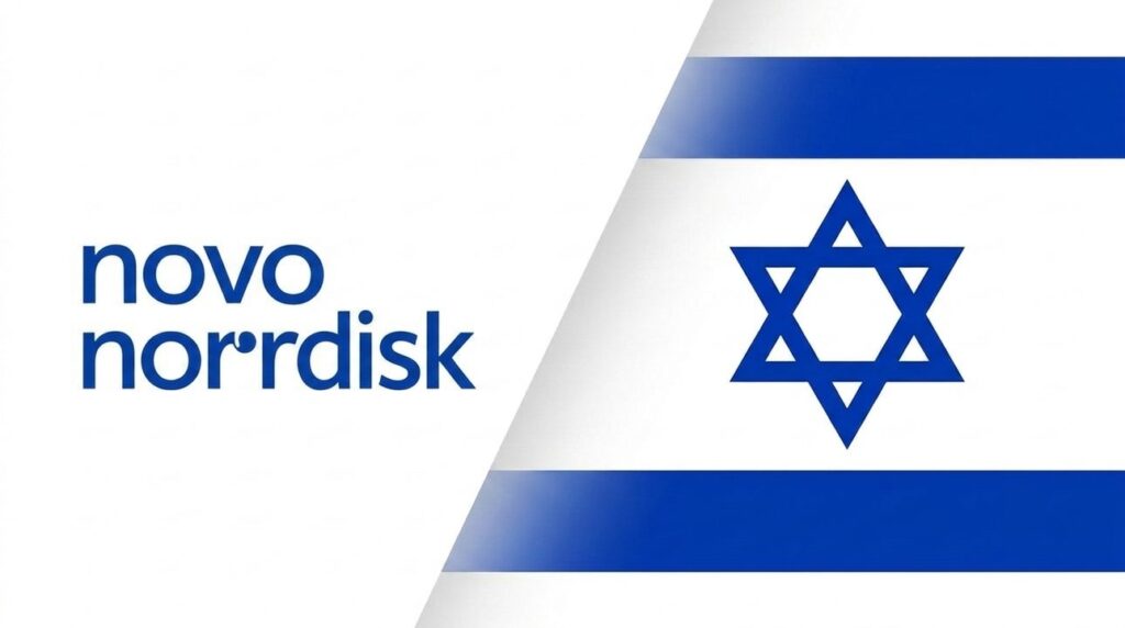 Novo Nordisk logo and Israeli flag graphic layout.