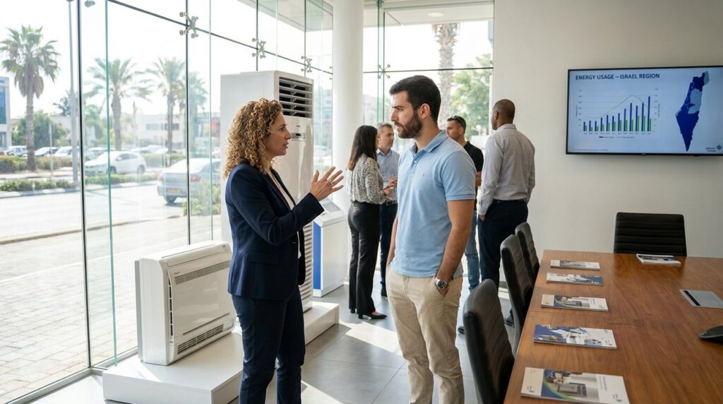 Secular Israeli woman and young engineer stand beside showroom displays.