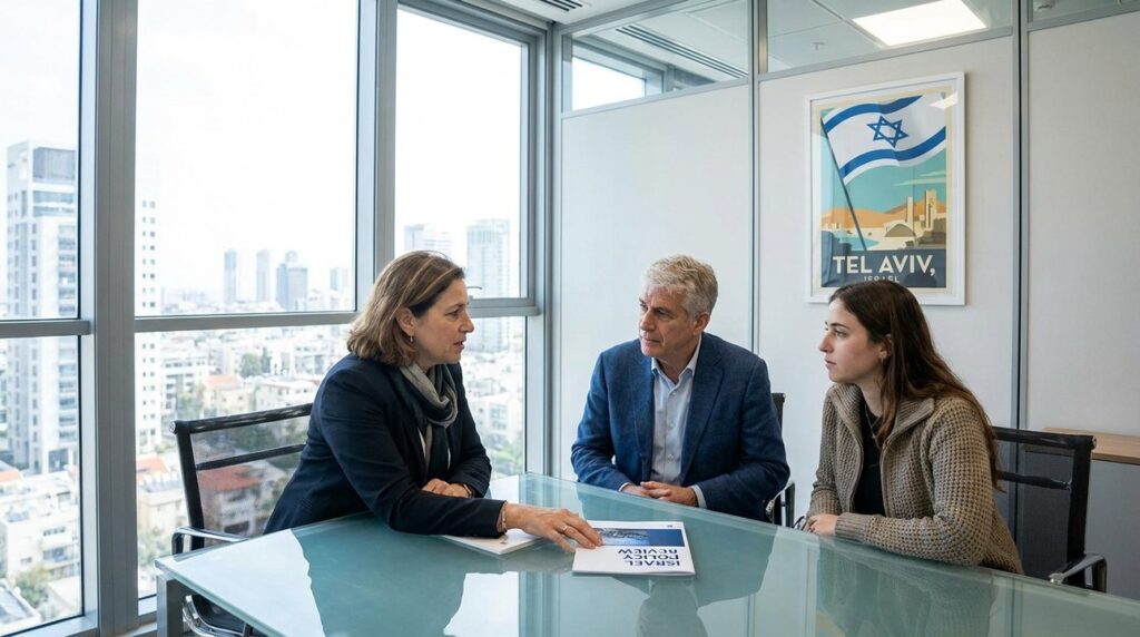 Israeli woman in her 40s discusses policy document with colleagues.