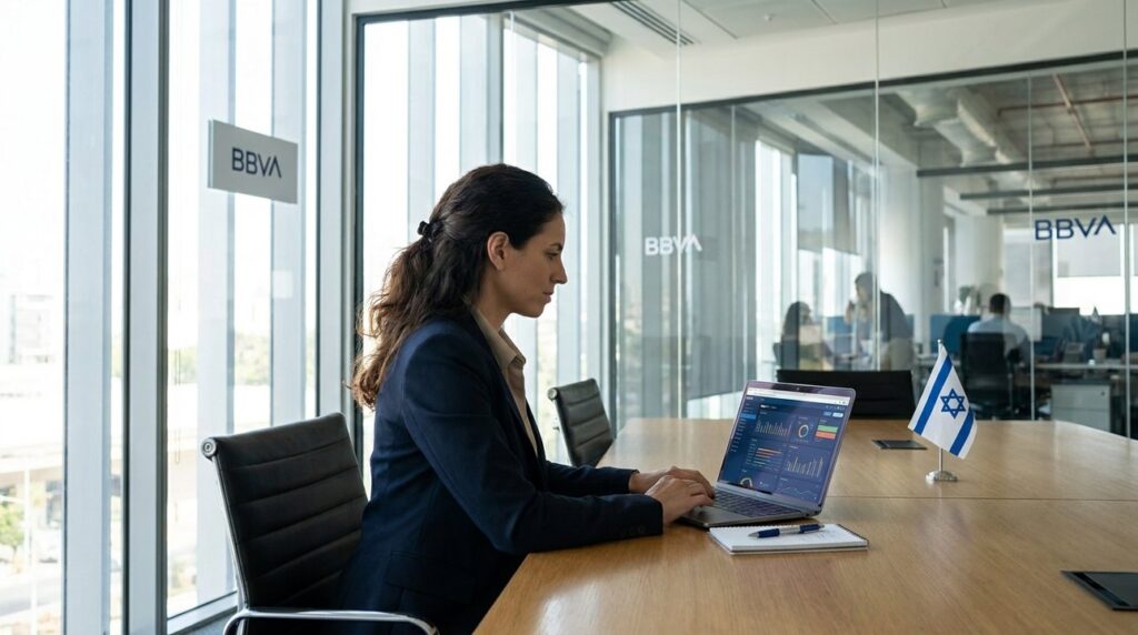 Israeli woman at BBVA desk analyzes financial dashboard on laptop.