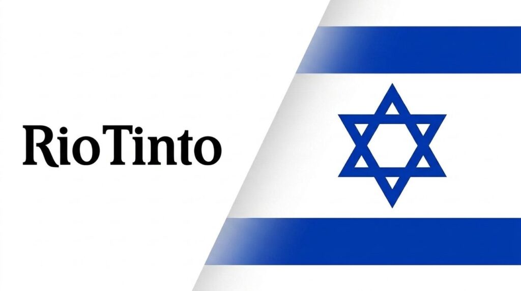 Rio Tinto brand cover with Israeli flag graphic layout design.