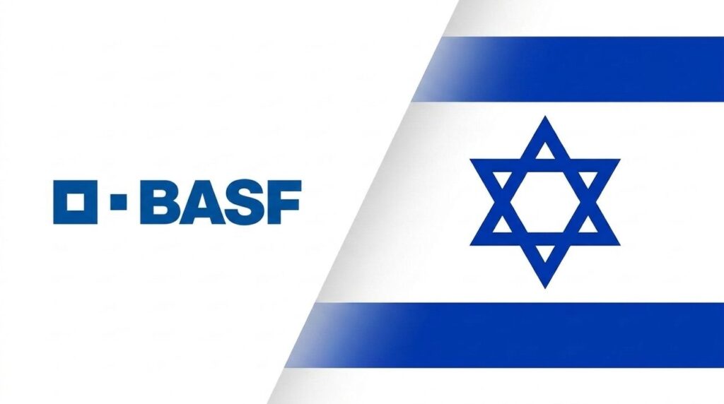 BASF logo next to Israeli flag on a graphic cover.