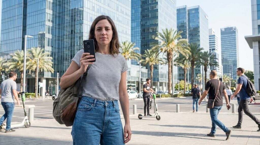 Secular Israeli woman on Tel Aviv street holding Nexus smartphone.