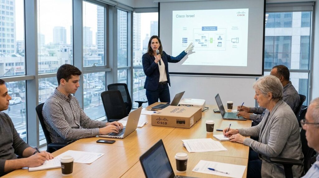 Israeli woman presents Cisco briefing to diverse colleagues at table.