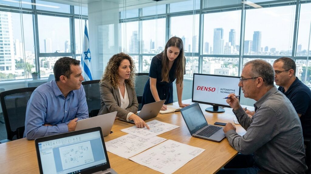 Diverse professionals in meeting room with Denso display and Israeli flag.