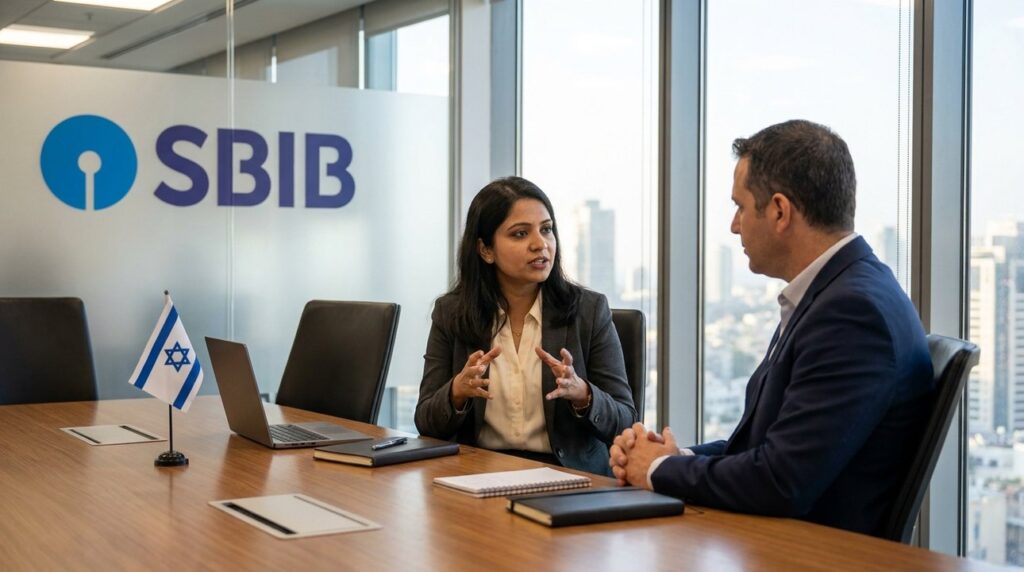 Indian woman and Israeli banker discuss banking at SBI office.