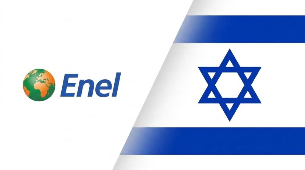 Enel logo beside Israeli flag in a graphic layout cover.