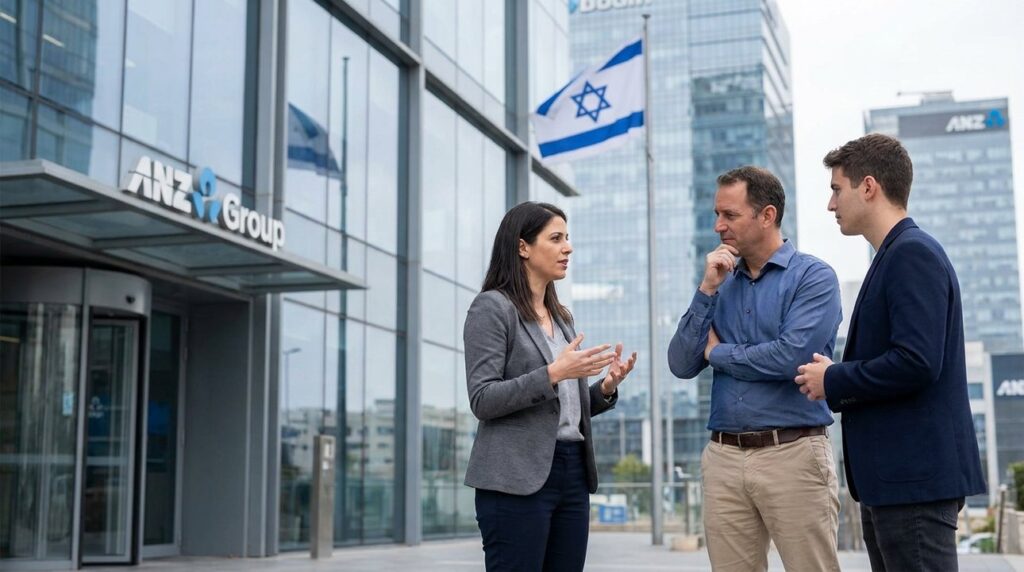 Israeli woman and colleague discuss stance outside ANZ Group office.
