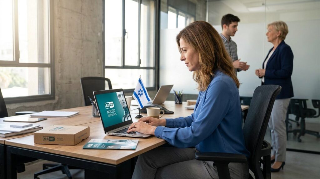 Israeli woman in business attire at desk with laptop logo.