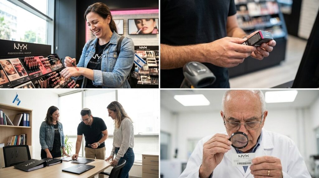 - Secular Israeli woman in clothing tests lipstick at NYX display.
- Young Israeli man in smart-casual attire scans NYX makeup packaging.
- Diverse team collaborates desk with NYX PR materials and flag.
- Older Israeli professional in lab coat inspects product labels.