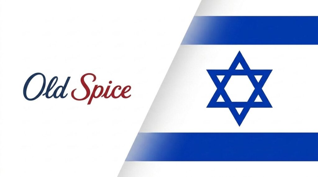 Old Spice logo with Israeli flag on a graphic cover.