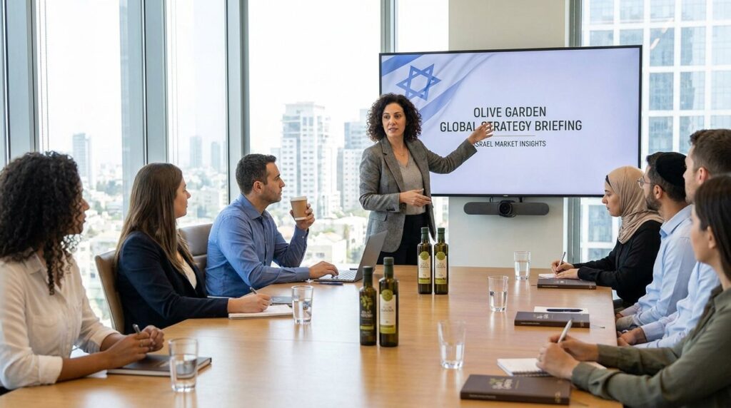 Diverse professionals in Olive Garden conference room; slide deck, table.