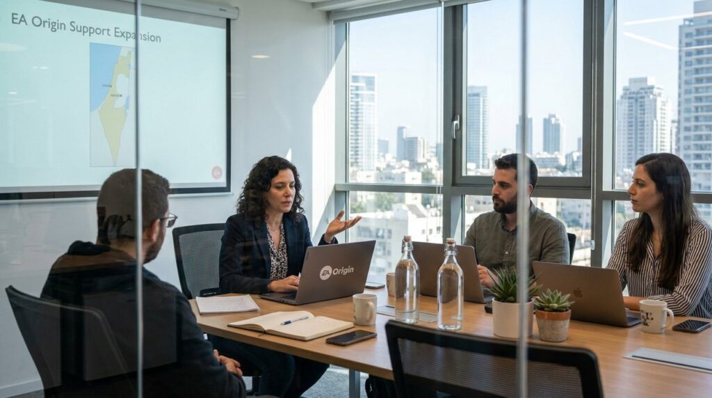 Blazer-clad Israeli woman discusses EA Origin with colleagues in conference.
