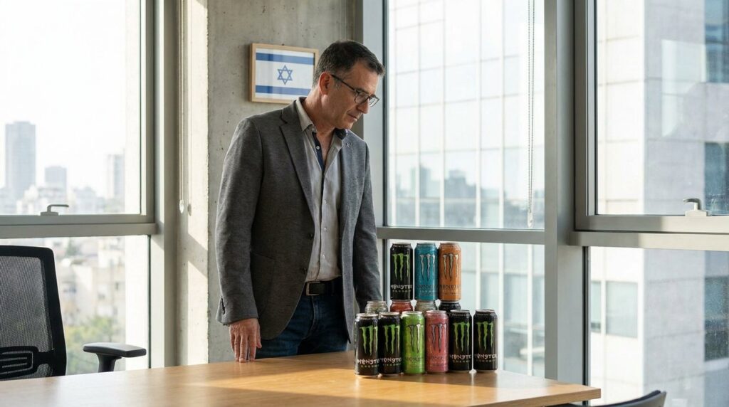 Secular Israeli man in 40s examines Monster cans beside flag.