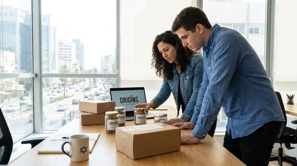 Israeli woman and man review packaging on laptop; flag mug.