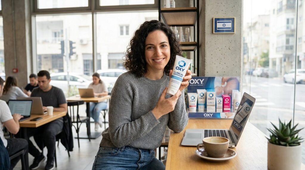 Israeli woman in casual wear holds Oxy skincare at counter.