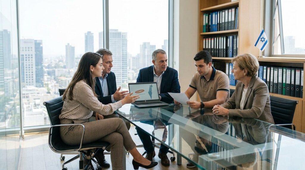 Diverse team around glass table; laptop shows Palmer logo, Israel.
