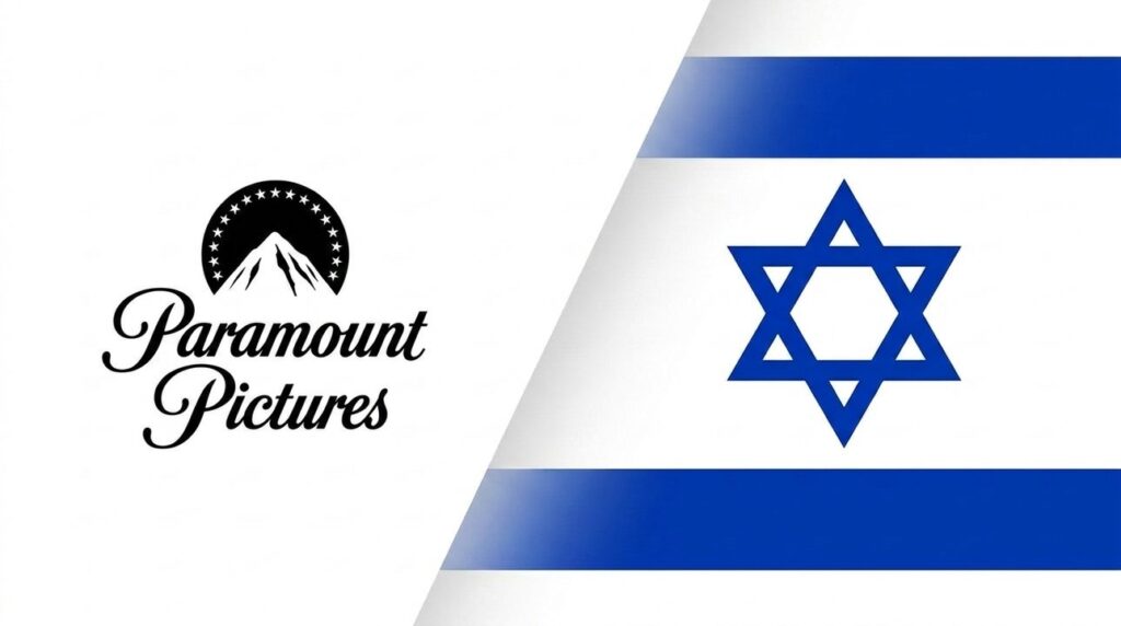 Paramount Pictures logo beside Israeli flag in graphic layout.
