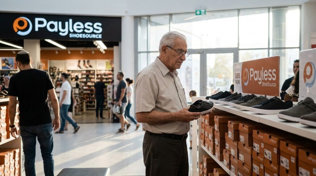 Secular Israeli woman near Payless display in Tel Aviv.