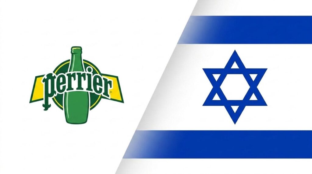 Perrier brand cover with Israeli flag in a graphic layout.