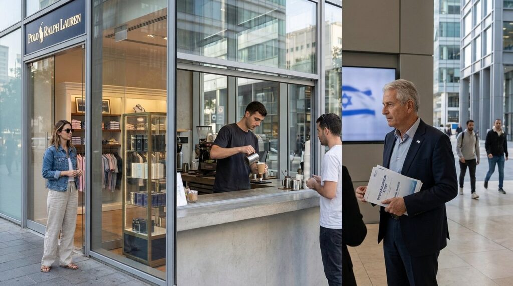Diverse Israelis: fashion storefronts, barista, businessman reviewing materials, Israeli flag.