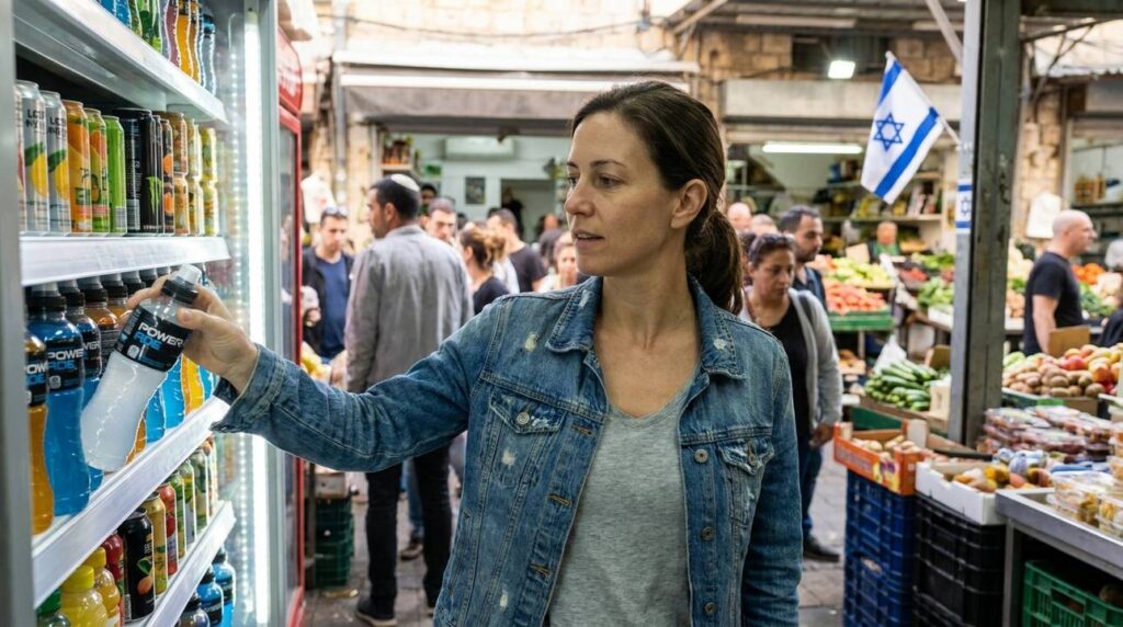 - Israeli woman in denim jacket selects Powerade at market.
- Tel Aviv barista in t-shirt serves customer with Powerade.
- Team around conference table with Powerade bottles and Israeli flag.