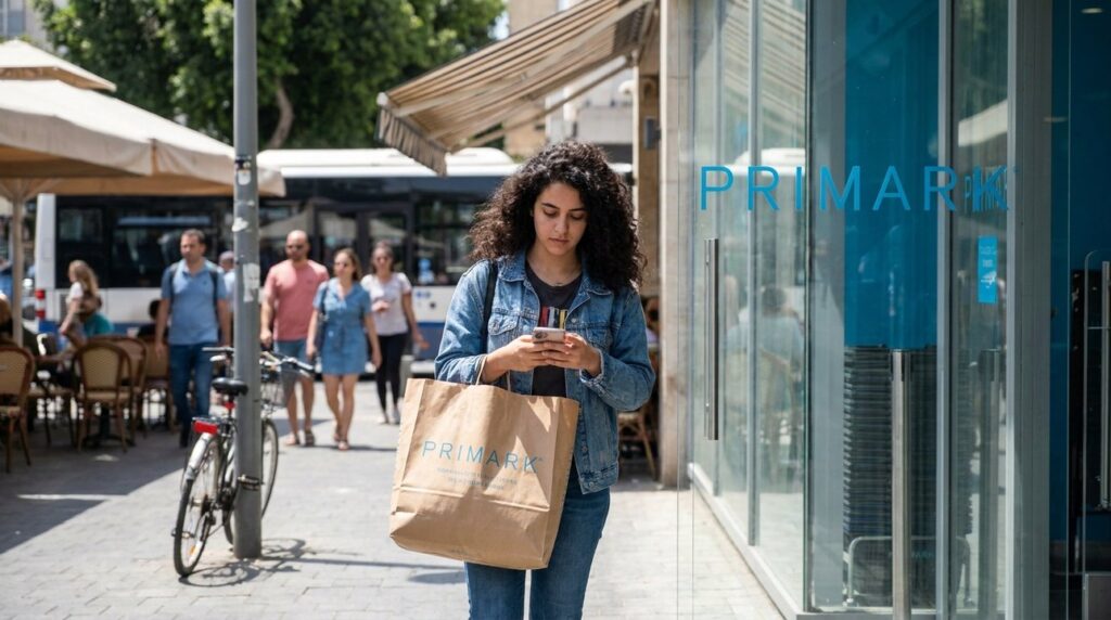 Israeli woman in 20s exits Primark, carrying bag, Tel Aviv.