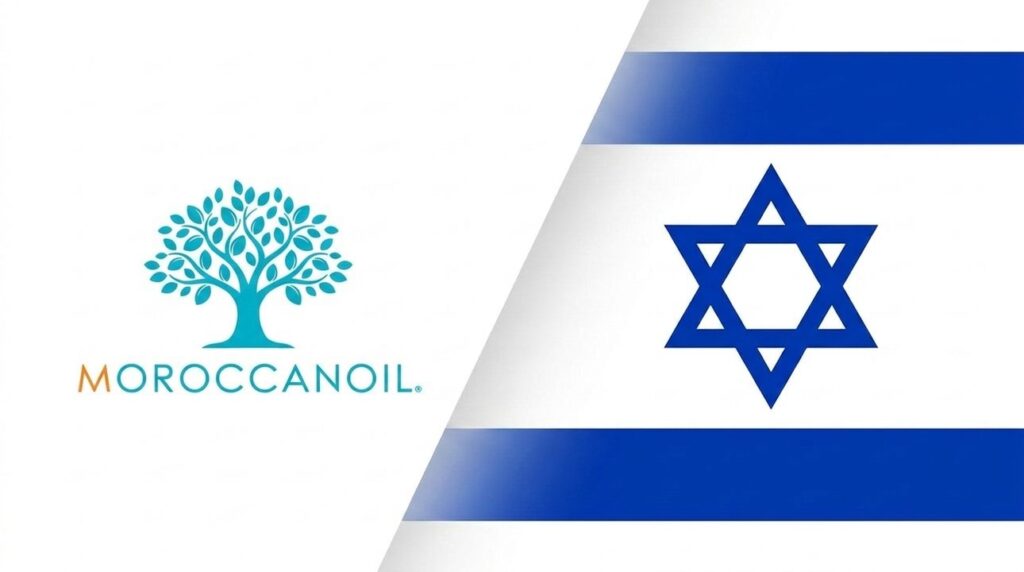 Moroccanoil brand cover with Israeli flag graphic layout design.
