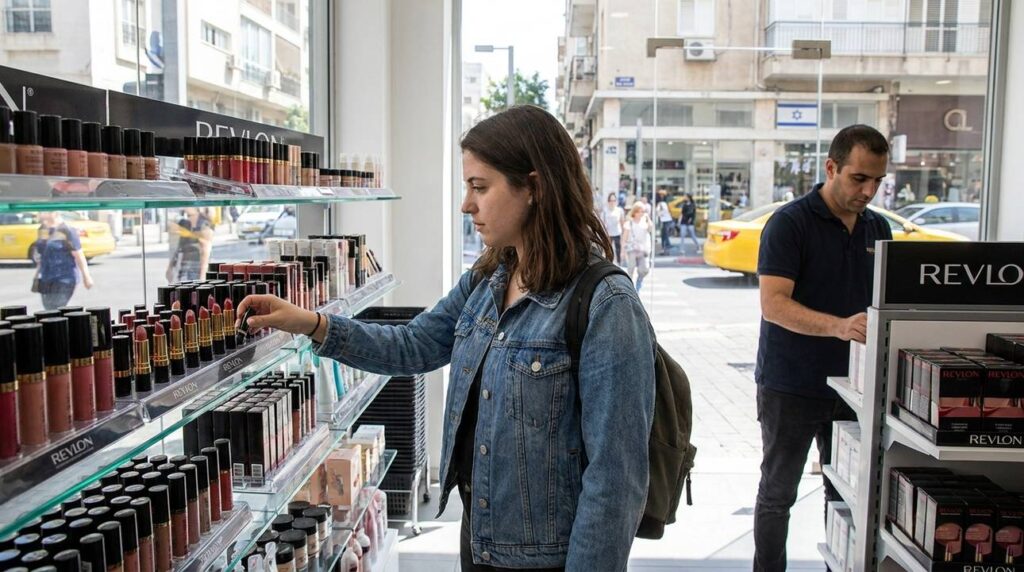 Israeli woman selects Revlon on shelf; man stocks displays; flag.