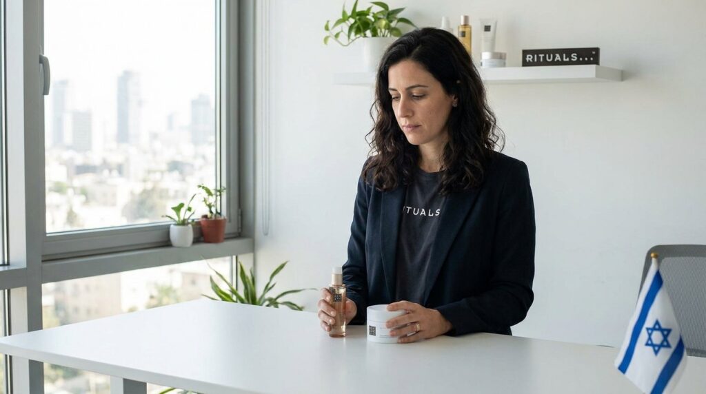 Israeli woman in casual clothes at desk with Rituals products.