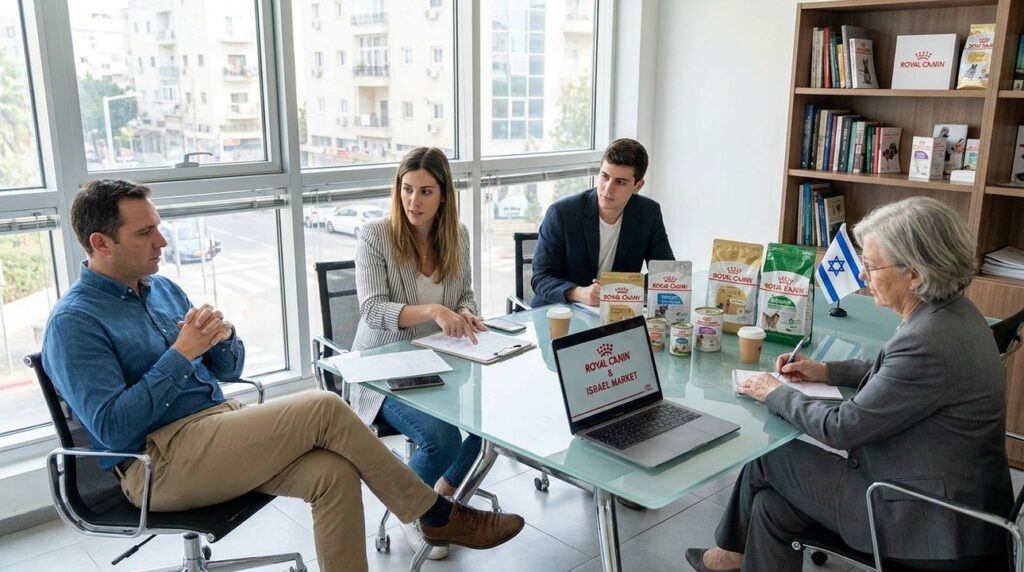Diverse team around table with Royal Canin cans, flag, laptop.