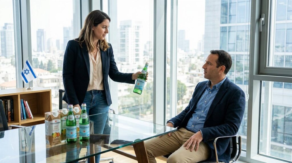 Woman presents San Pellegrino bottle to man; Israeli flag visible.