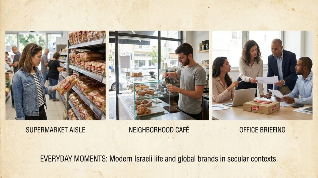 Secular Israeli shoppers and barista with Sara Lee pastries collage.