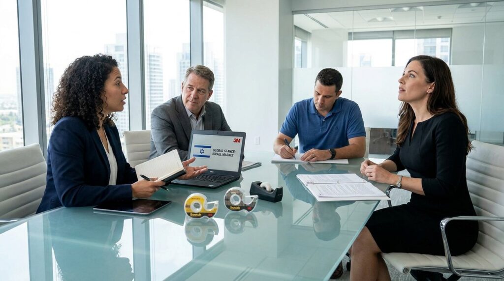 Diverse professionals in conference room Scotch tape samples; laptop shows Israeli flag.