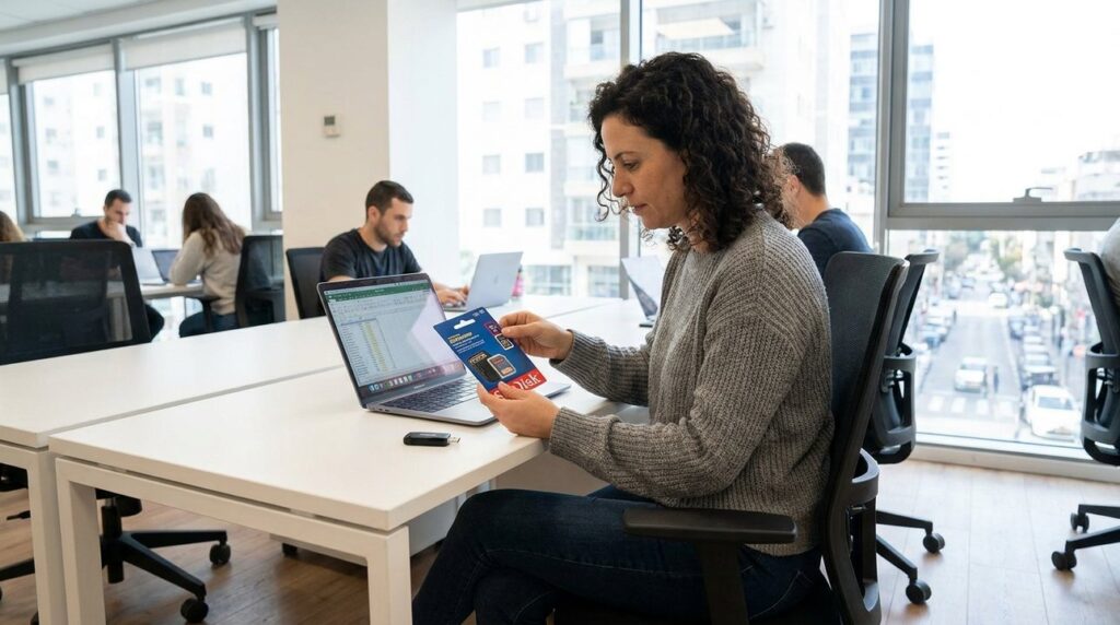 Israeli woman examines SanDisk SD card packaging, reader, and laptop.