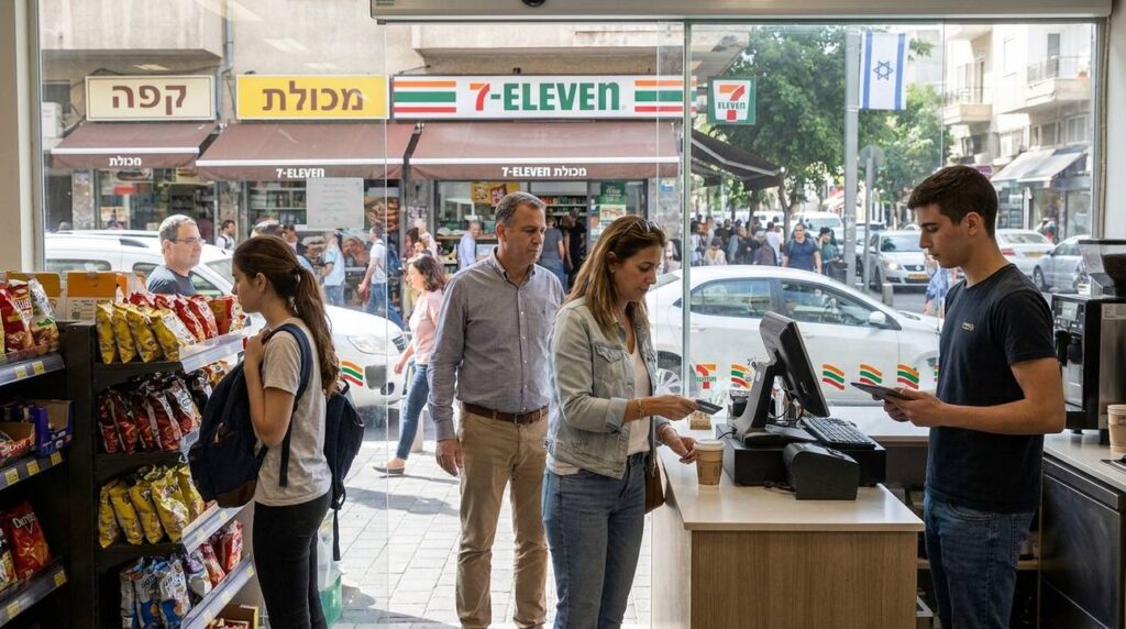 Secular Israeli woman buys coffee at 7-Eleven, barista, man, student.